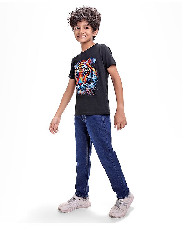 Pine Kids Cotton Knit Half Sleeves T-Shirt with Lion Print - Black