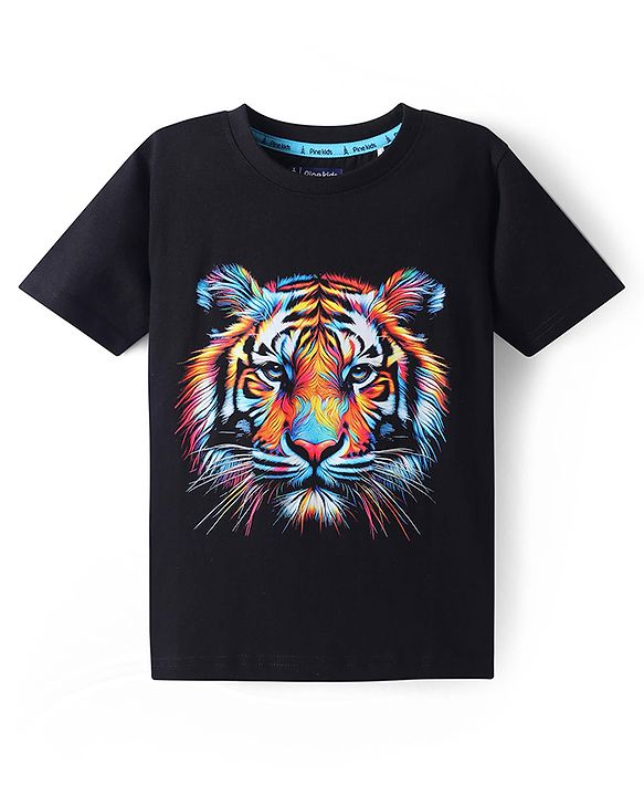 Pine Kids Cotton Knit Half Sleeves T-Shirt with Lion Print - Black
