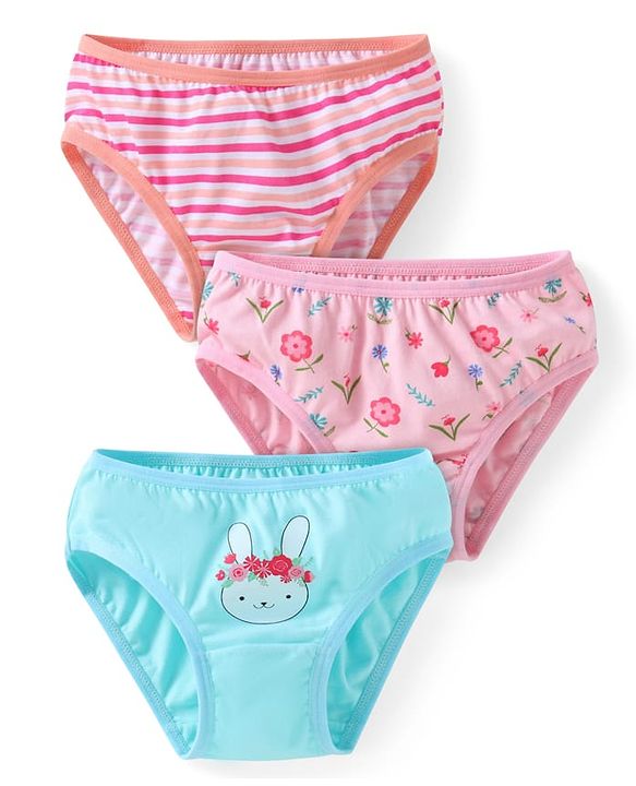 Babyhug 100% Cotton Knit Bunny & Floral Printed Panties Pack of 3 - Pink & Light Blue