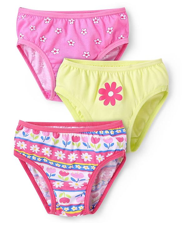 Babyhug 100% Cotton Single Jersey Knit Panties With Floral Print Pack Of 3 - Pink & Light Green