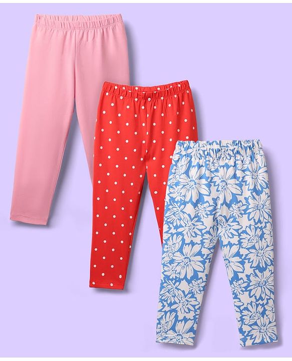 Babyhug Cotton Knit Full Length Leggings With Polka Dots & Floral Print Pack Of 3 - Red Pink & Light Blue