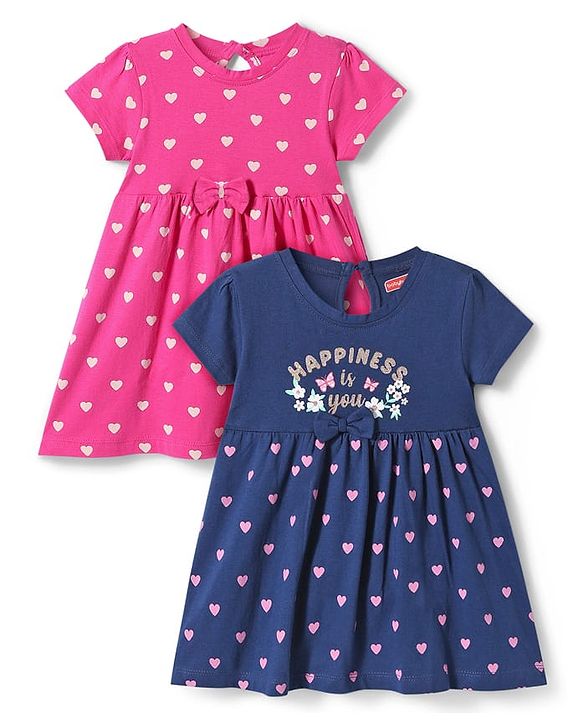 Babyhug Single Jersey Knit Half Sleeves Hearts & Text Glitter Printed Frocks with Bow Applique Pack of 2 - Navy Blue & Dark Pink