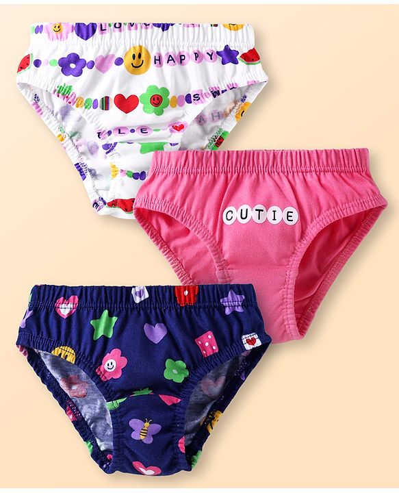 Babyhug 100% Cotton Knit Panties with Floral Print Pack of 3 - Pink Blue & White