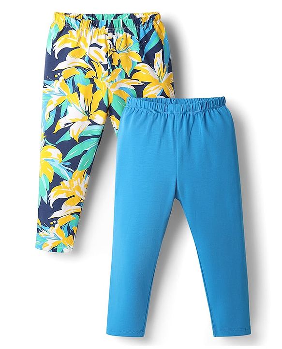 Babyhug Cotton Lycra Knit Full Length Leggings With Floral Print Pack Of 2 - Light Blue & Yellow