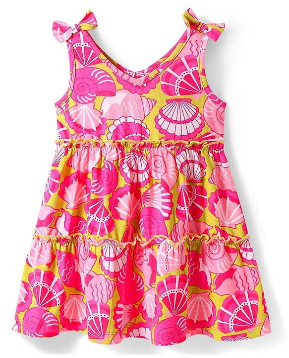 Babyhug Single Jersey Knit Sleeveless Frock With Seashells Print & Bow Applique - Yellow & Dark Pink