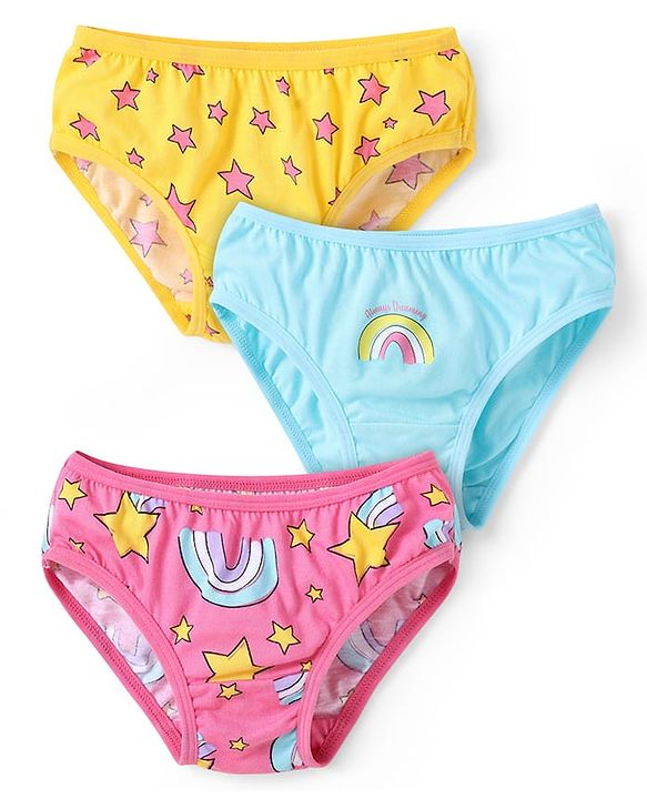 Babyhug 100% Cotton Single Jersey Knit Panties With Star & Rainbow Print Pack of 3 - Pink Light Blue & Yellow