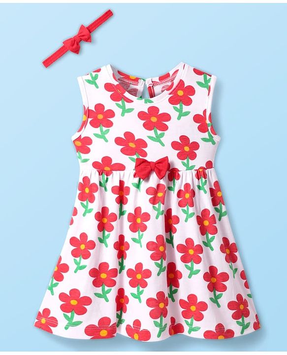 Babyhug Single Jersey Knit Sleeveless Floral Printed Frock with Headband & Bow Applique - White