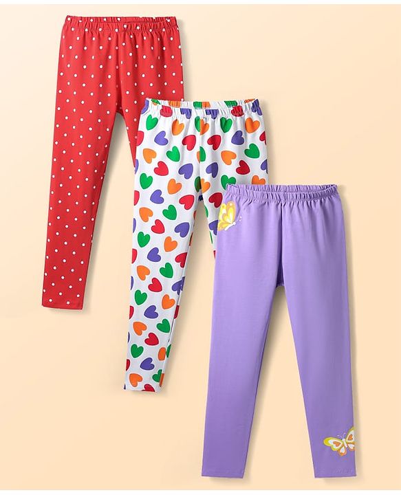 Babyhug Cotton Lycra Knit Full Length Leggings With Stretch & Polka Dots & Hearts Print Pack Of 3 - Multicolour