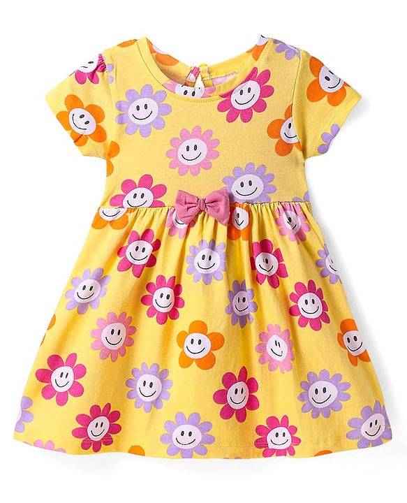 Babyhug Single Jersey Knit Half Sleeves Frock with Floral Print & Bow Applique - Yellow
