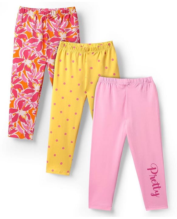 Babyhug Cotton Lycra Knit Full Length Floral & Polka Dots Printed Leggings With Stretch Pack Of 3 - Pink Yellow & Red