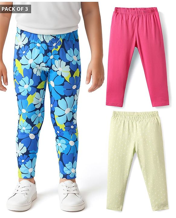 Babyhug Cotton Lycra Full Length Leggings with Floral Print Pack of 3 - Blue Pink & Offwhite