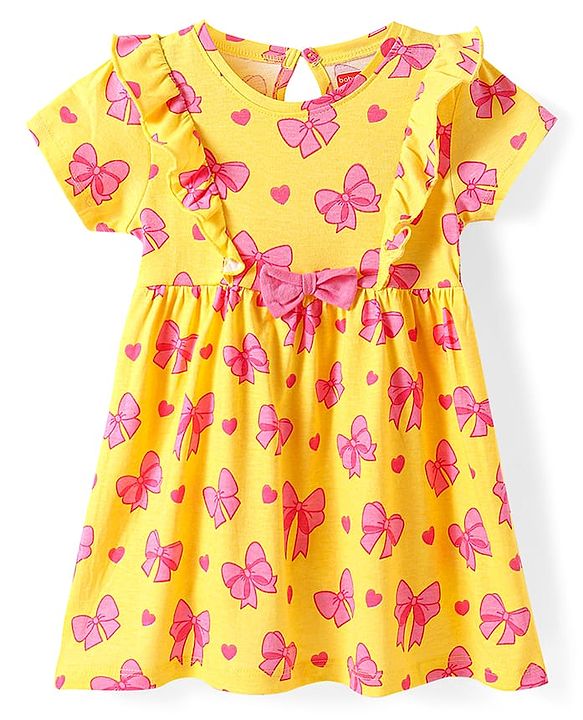 Babyhug Single Jersey Knit Half Sleeves Frock With Bow Print & Applique - Yellow