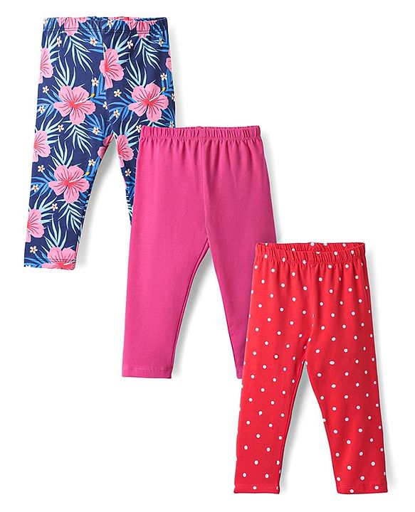 Babyhug Cotton Lycra Knit Full Length Leggings With Polka Dots & Floral Print Pack Of 3 - Red Dark Pink & Navy Blue