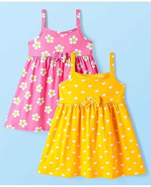 Babyhug Single Jersey Knit Singlet Sleeves Heart & Floral Printed Dresses With Bow Applique Pack of 2 - Yellow & Pink