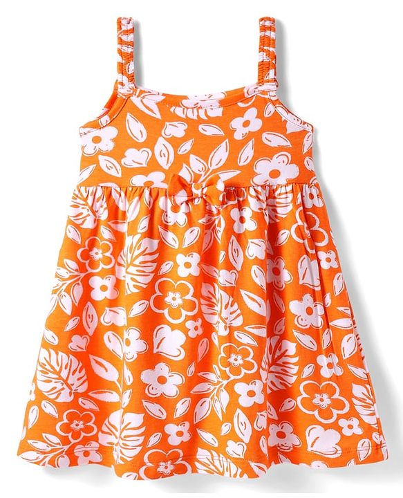 Babyhug Single Jersey Knit Sleeveless Frock With Bloomer with Floral Print & Bow Applique - Orange & White