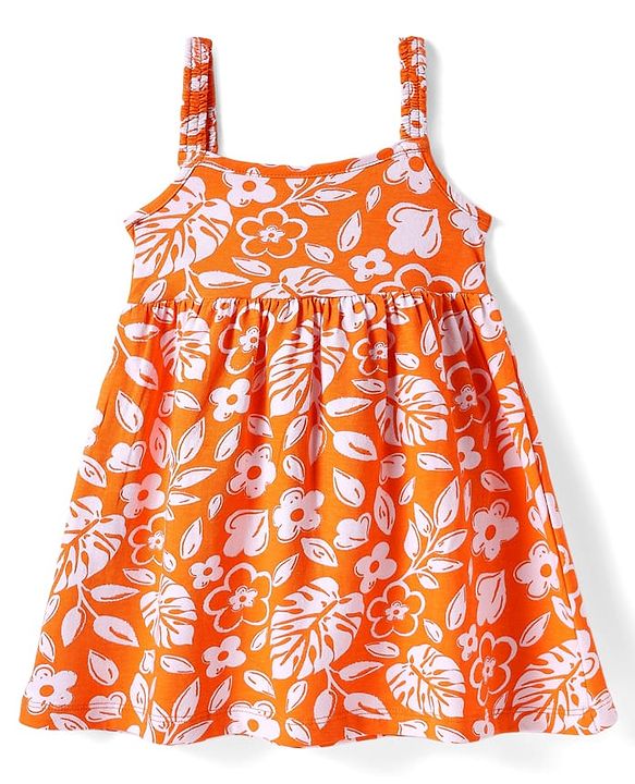Babyhug Single Jersey Knit Sleeveless Frock With Bloomer with Floral Print & Bow Applique - Orange & White