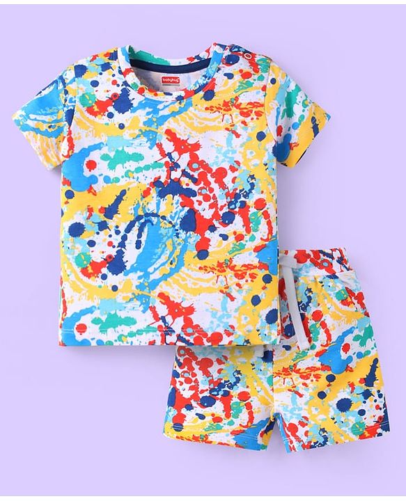 Babyhug Single Jersey Knit Half Sleeves T-Shirt & Shorts Set with Color Splash Print - White Yellow & Blue