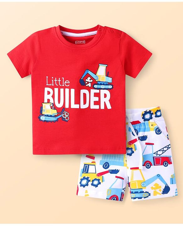 Babyhug Single Jersey Knit Half Sleeves T-Shirt & Shorts Set with Construction Vehicle Print - Red