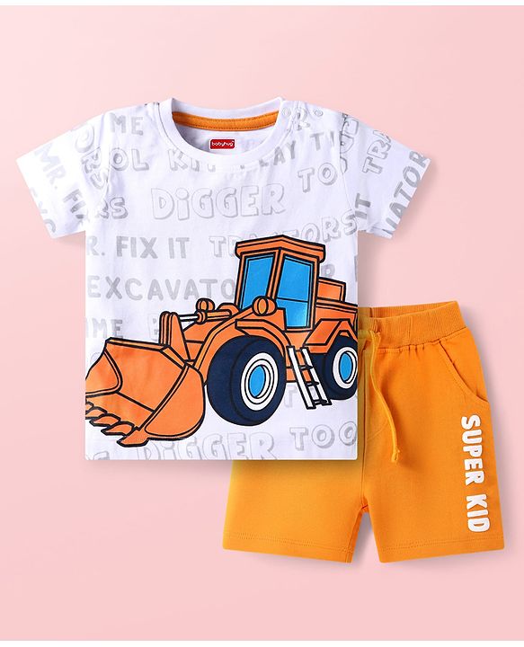 Babyhug Single Jersey Knit Half Sleeves T-Shirt & Shorts Set with JCB  Print -White & Yellow