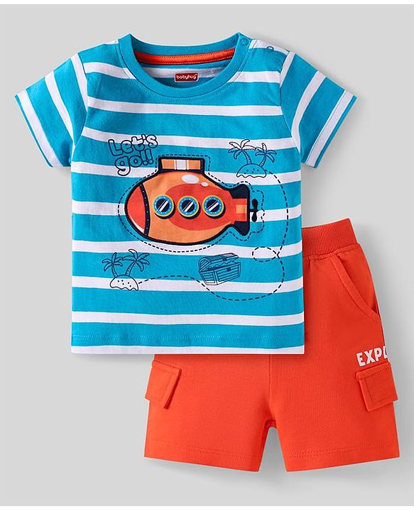 Babyhug Single Jersey Knit Half Sleeves T-Shirt & Shorts Set with Nautical Theme Print & Stripes - Light Blue & Orange