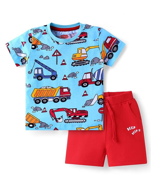 Babyhug Single Jersey Knit Half Sleeves T-Shirt & Shorts Set with Vehicle Print - Red & Blue
