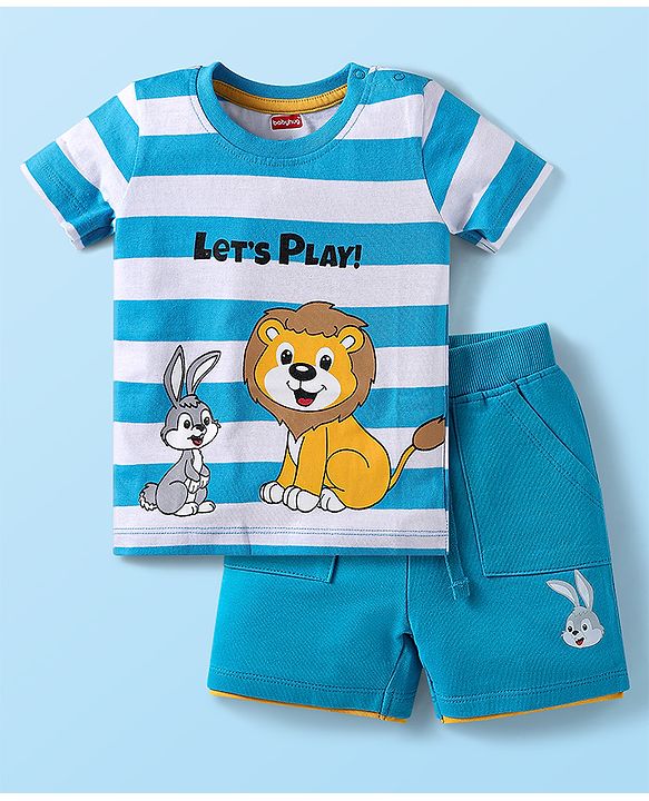 Babyhug Single Jersey Knit Half Sleeves T-Shirt & Shorts Set with Animal Print & Stripes - Light Blue