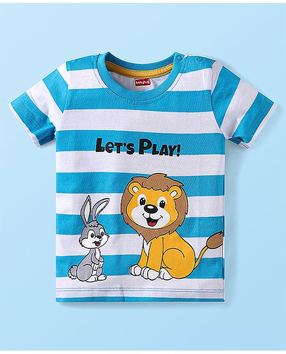 Babyhug Single Jersey Knit Half Sleeves T-Shirt & Shorts Set with Animal Print & Stripes - Light Blue