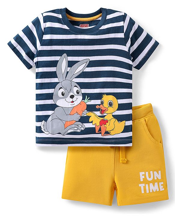 Babyhug Single Jersey Knit Half Sleeves Striped Shirts & Shorts Set With Bunny Print -  Blue & Yellow
