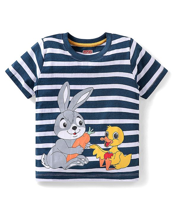 Babyhug Single Jersey Knit Half Sleeves Striped Shirts & Shorts Set With Bunny Print -  Blue & Yellow