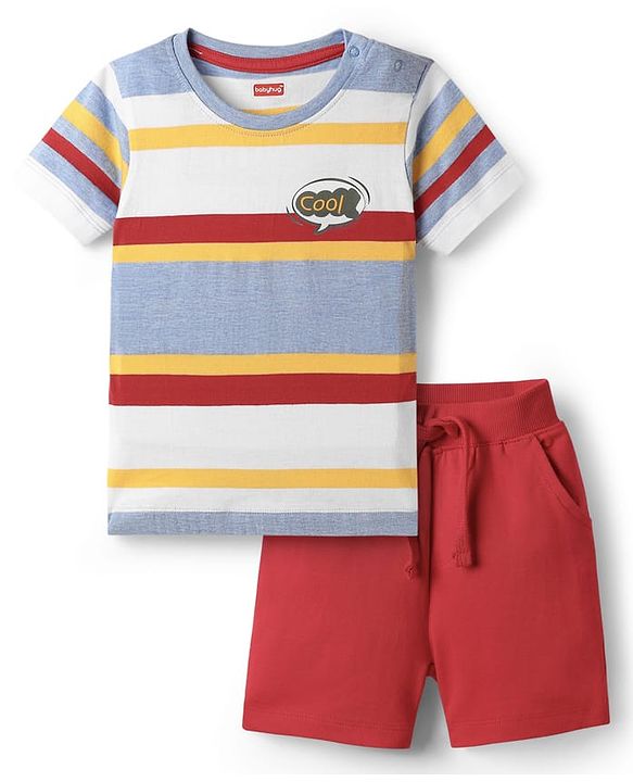 Babyhug Single Jersey Knit Half Sleeves Striped T-Shirt & Shorts Set With Cool Print - Multicolor