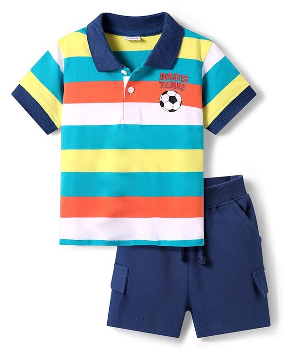 Babyhug Single Jersey Knit Half Sleeves Striped Polo T-Shirt & Shorts Set with Text Print - Navy Blue