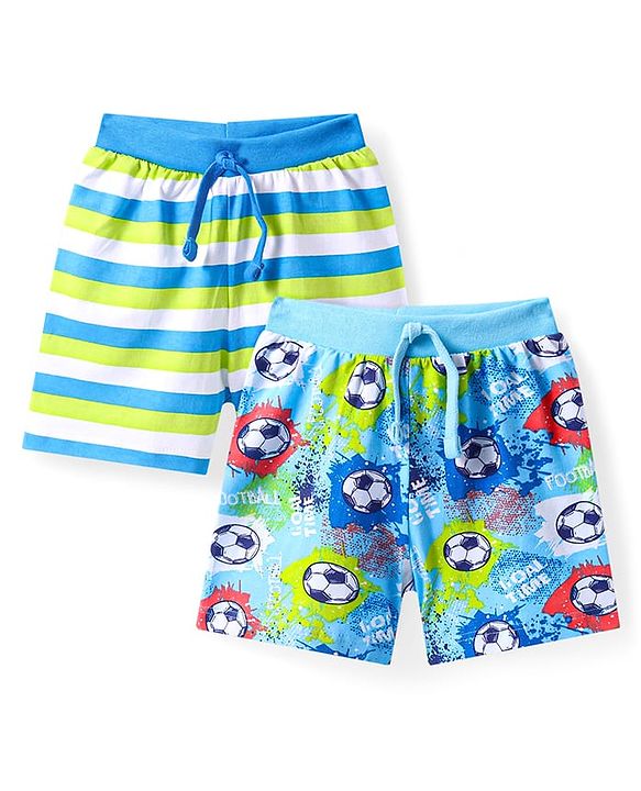 Babyhug Cotton Knit Mid Thigh Length Shorts with Sports Theme Print & Stripes Pack of 2 - Light Green & Blue