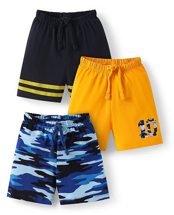 Babyhug Cotton Knit Mid Thigh Length Shorts with Camouflage Print & Stripes Pack of 3 - Yellow Black & Blue