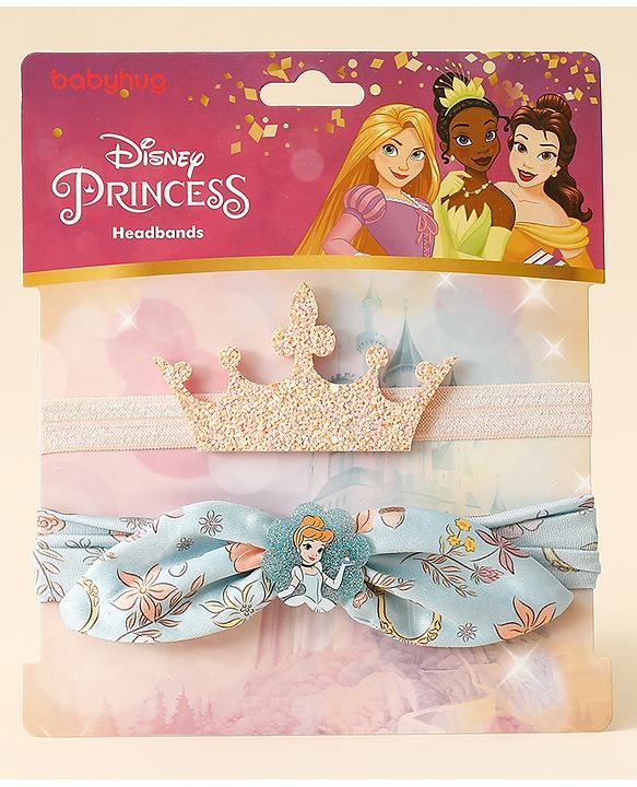 Babyhug Disney Free Size Headbands With Disney Princess Print Cinderella Bow & Tiara Applique Pack of 2 - Blue & PInk