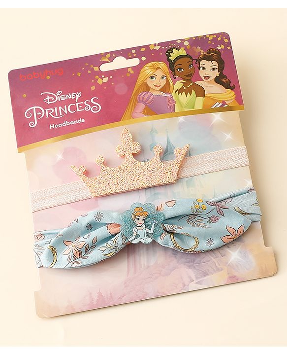 Babyhug Disney Free Size Headbands With Disney Princess Print Cinderella Bow & Tiara Applique Pack of 2 - Blue & PInk