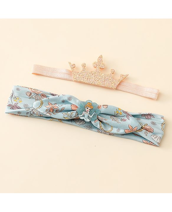 Babyhug Disney Free Size Headbands With Disney Princess Print Cinderella Bow & Tiara Applique Pack of 2 - Blue & PInk