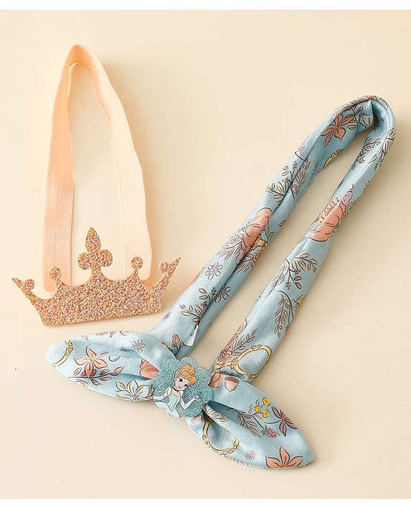 Babyhug Disney Free Size Headbands With Disney Princess Print Cinderella Bow & Tiara Applique Pack of 2 - Blue & PInk