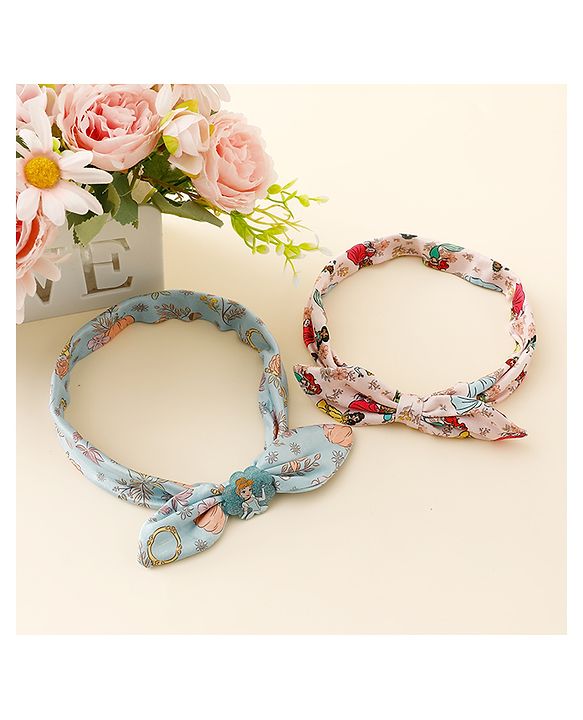Babyhug Disney Free Size Headbands With Disney Princess Print Cinderella Bow Applique Pack of 2 - Pink & Blue