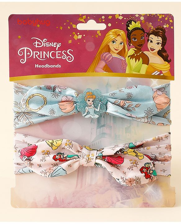 Babyhug Disney Free Size Headbands With Disney Princess Print Cinderella Bow Applique Pack of 2 - Pink & Blue