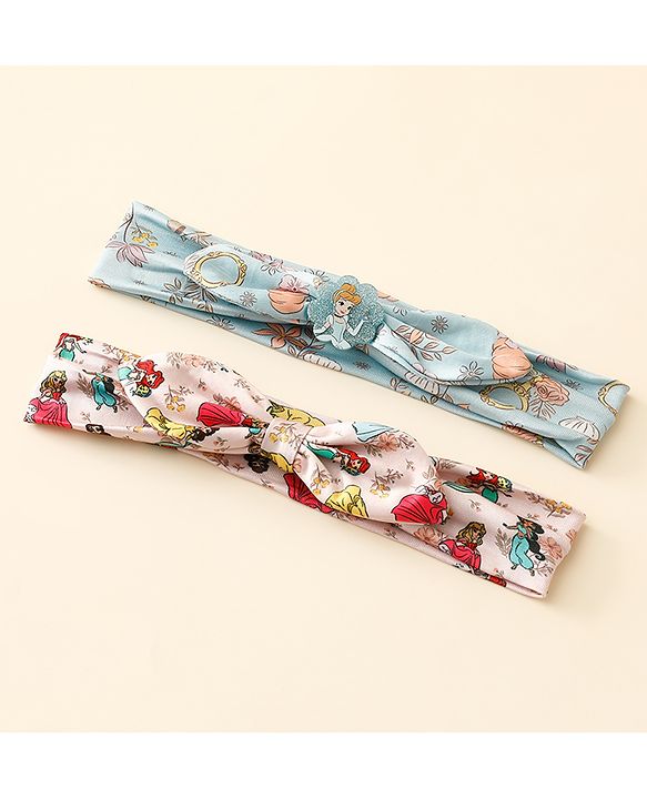 Babyhug Disney Free Size Headbands With Disney Princess Print Cinderella Bow Applique Pack of 2 - Pink & Blue