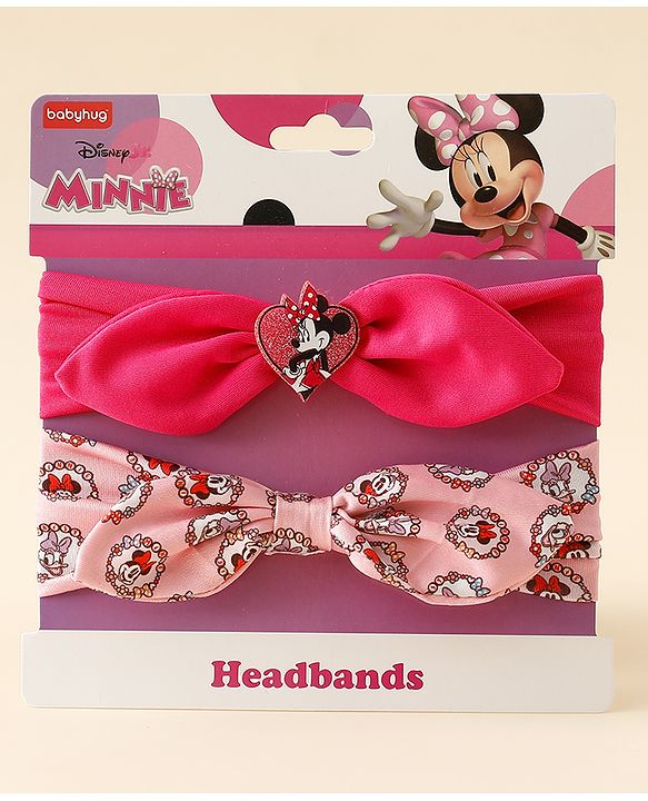 Babyhug Disney Free Size Headbands With Minnie Mouse Bow Applique & Print Pack of 2 - Fuchsia & Pink