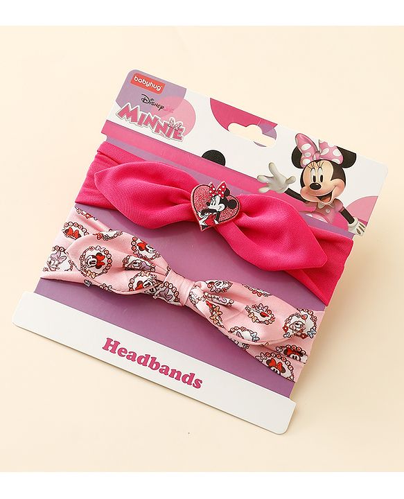 Babyhug Disney Free Size Headbands With Minnie Mouse Bow Applique & Print Pack of 2 - Fuchsia & Pink