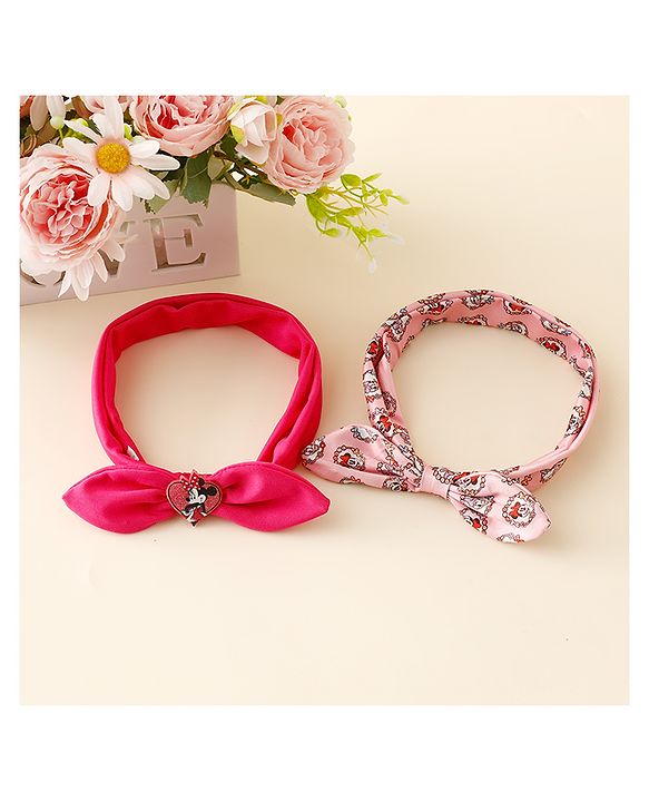 Babyhug Disney Free Size Headbands With Minnie Mouse Bow Applique & Print Pack of 2 - Fuchsia & Pink