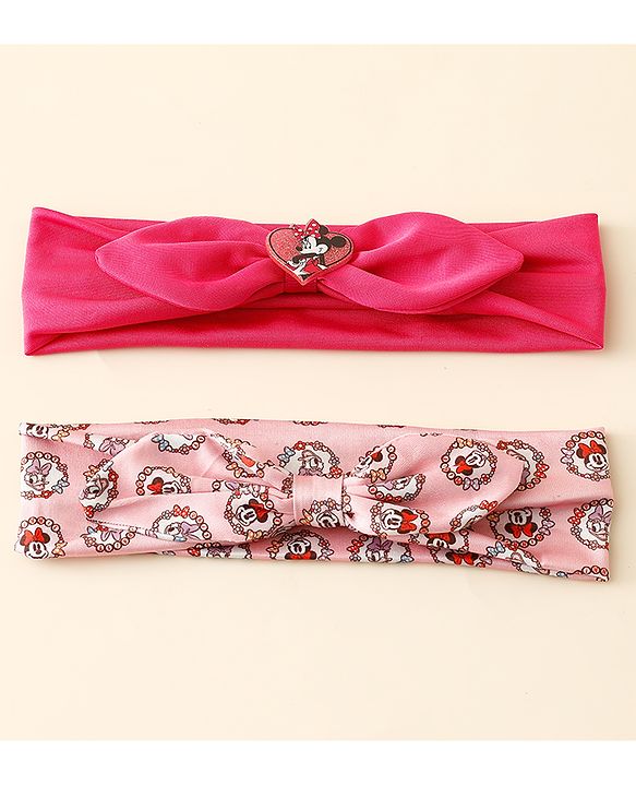 Babyhug Disney Free Size Headbands With Minnie Mouse Bow Applique & Print Pack of 2 - Fuchsia & Pink