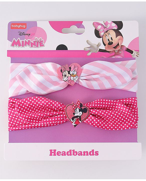 Babyhug Disney Free Size Headbands With Minnie Mouse Bow Applique Polka Dots & Striped Prints Pack of 2 - Fuchsia & Pink
