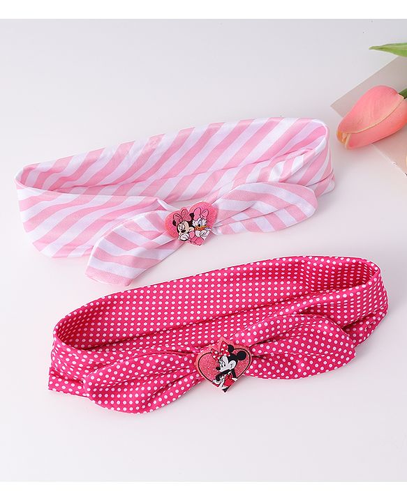 Babyhug Disney Free Size Headbands With Minnie Mouse Bow Applique Polka Dots & Striped Prints Pack of 2 - Fuchsia & Pink