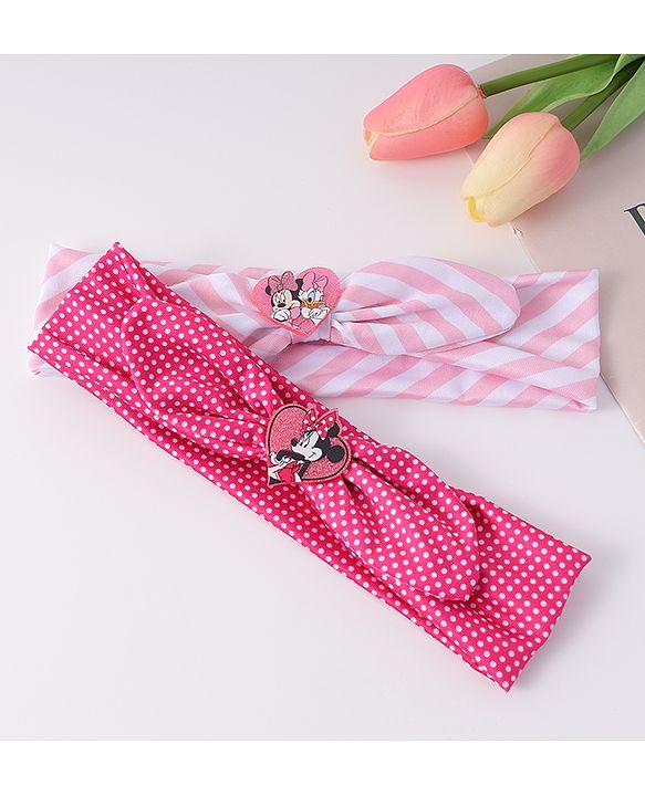 Babyhug Disney Free Size Headbands With Minnie Mouse Bow Applique Polka Dots & Striped Prints Pack of 2 - Fuchsia & Pink