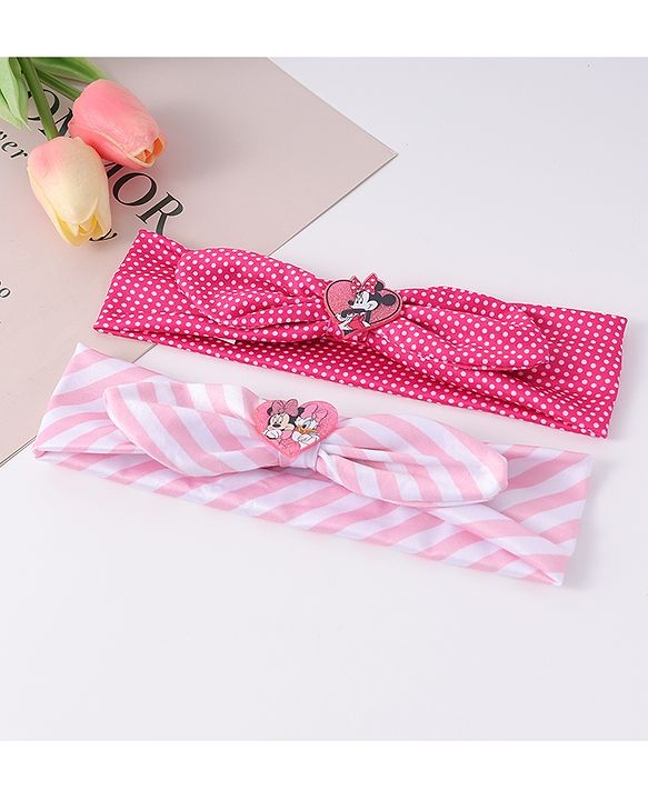 Babyhug Disney Free Size Headbands With Minnie Mouse Bow Applique Polka Dots & Striped Prints Pack of 2 - Fuchsia & Pink