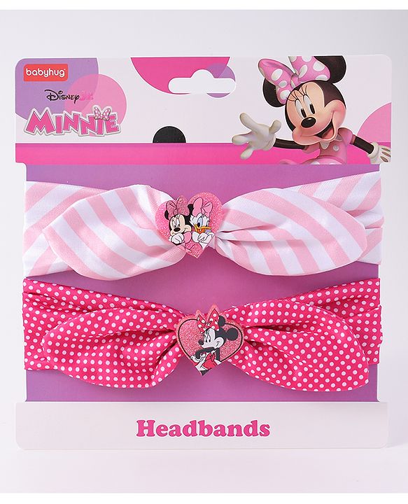 Babyhug Disney Free Size Headbands With Minnie Mouse Bow Applique Polka Dots & Striped Prints Pack of 2 - Fuchsia & Pink