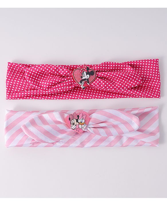 Babyhug Disney Free Size Headbands With Minnie Mouse Bow Applique Polka Dots & Striped Prints Pack of 2 - Fuchsia & Pink